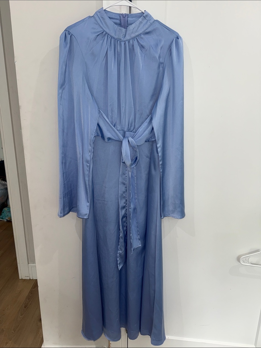 Women's Light Blue Long Sleeve Tie-Waist Maxi Dress